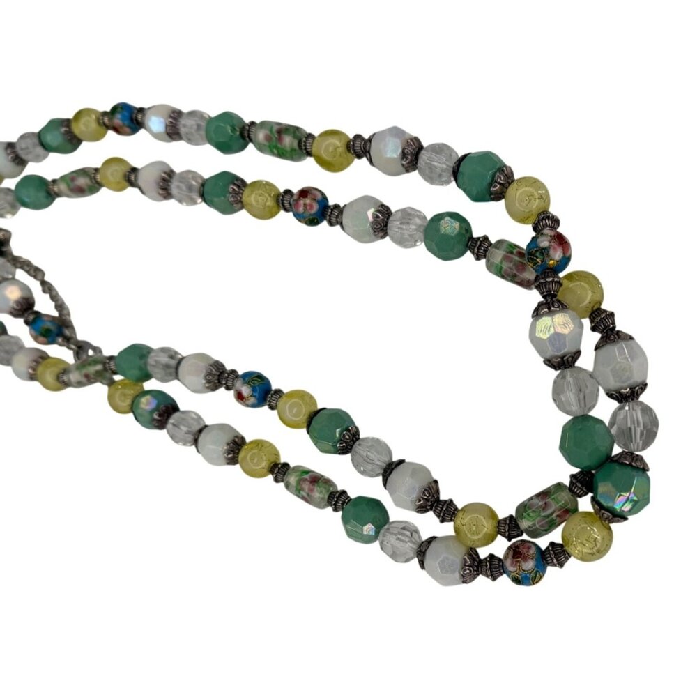 Vintage 1980s 48” Long Beaded Necklace Wrap Style Art Glass Silvertone - Picture 6 of 9